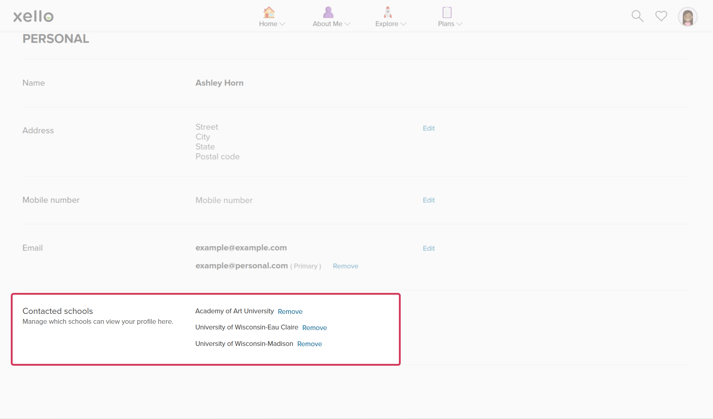 A student's Account page in Xello. The Contacted schools section is highlighted. The student has contacted three schools. Next to each school name is the option to Remove it.